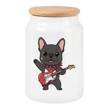 Rocking bulldog with electric guitar - Cookie Jar with Wooden Lid - white - Front