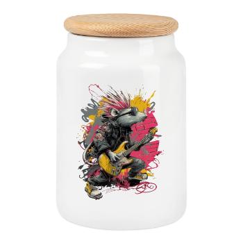 Punk Rat with Guitar – Rock Art - Cookie Jar with Wooden Lid - white - Front