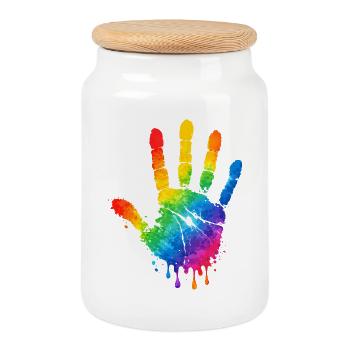 Colorful Handprint Watercolor Design - Cookie Jar with Wooden Lid - white - Front