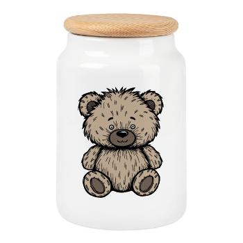 Petit ours en peluche beige et ébouriffé - Boîte à biscuits avec couvercle en bois - blanc - Devant