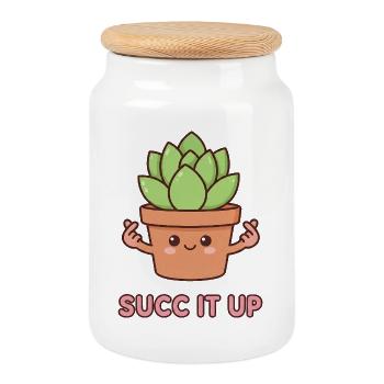 Succ It Up | Funny Kawaii Succulent Pun - Cookie Jar with Wooden Lid - white - Front