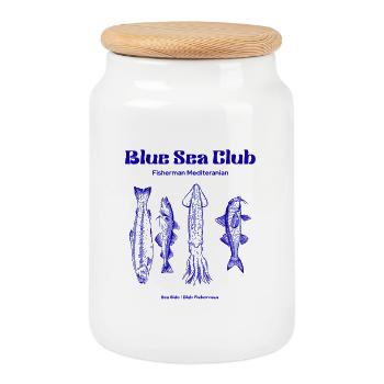 Blue Sea Club Fish & Octopus Illustration - Cookie Jar with Wooden Lid - white - Front