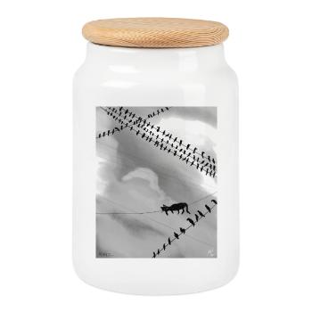 Monochrome cat on Power Lines - Cookie Jar with Wooden Lid - white - Front