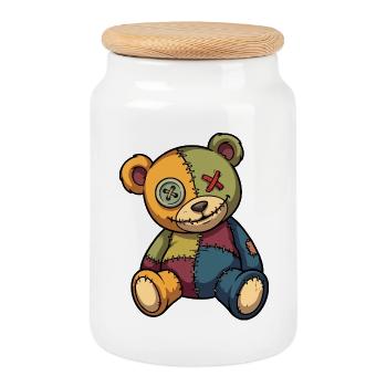Patchwork Teddy Bear Unique Made of Patch Button Eye - Cookie Jar with Wooden Lid - white - Front