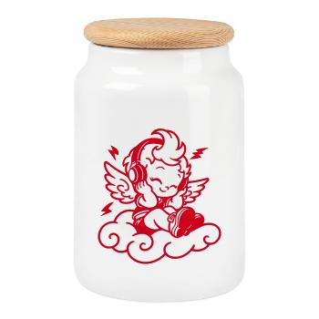 Music Angel – Cherub with Headphones - Cookie Jar with Wooden Lid - white - Front