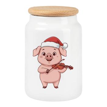 Christmas Pig Farm Animal Playing Violin - Cookie Jar with Wooden Lid - white - Front
