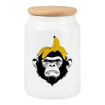 Affe mit Bananenhut – Top Banana Affen Motiv - Keksdose mit Holzdeckel - Weiß - Vorne
