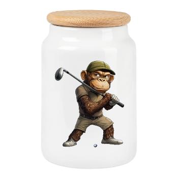 Monkey Golf / Golfer Monkey - Cookie Jar with Wooden Lid - white - Front