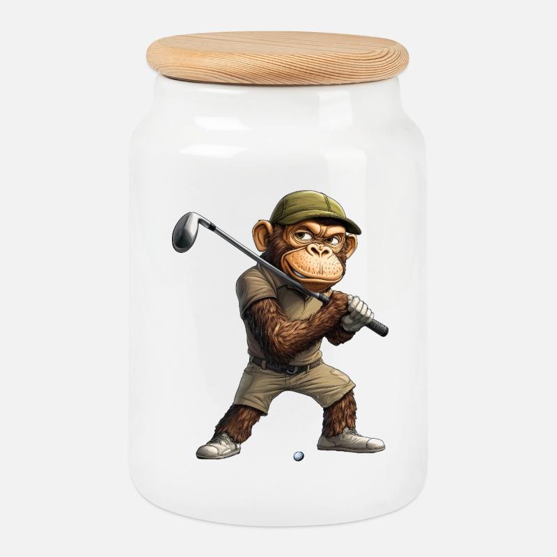 Affen Golf / Golfer Affe - Keksdose mit Holzdeckel - Weiß