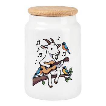 Goat musician on branch with guitar - Cookie Jar with Wooden Lid - white - Front