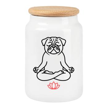 Pug Yoga Meditation Outline - Cookie Jar with Wooden Lid - white - Front