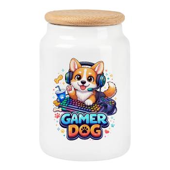 Gamer Dog – Kawaii Dog with Headset & Keyboard - Cookie Jar with Wooden Lid - white - Front