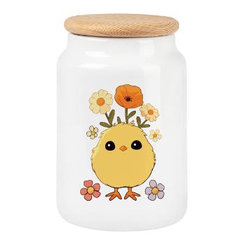 Poussin, Printemps, Fleurs, Été, Pâques, Jardin - Boîte à biscuits avec couvercle en bois - blanc - Devant
