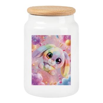 Un lapin arc-en-ciel câlin dans la salle magique - Boîte à biscuits avec couvercle en bois - blanc - Devant