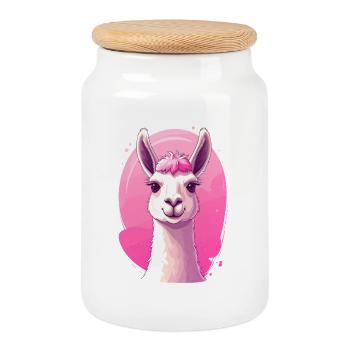 Llama / Alpaca in front of pink - Cookie Jar with Wooden Lid - white - Front