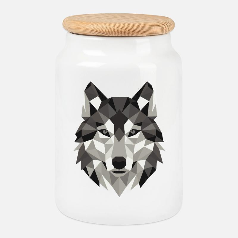 Wolf Head Lowpoly Geometry - Cookie Jar with Wooden Lid - white