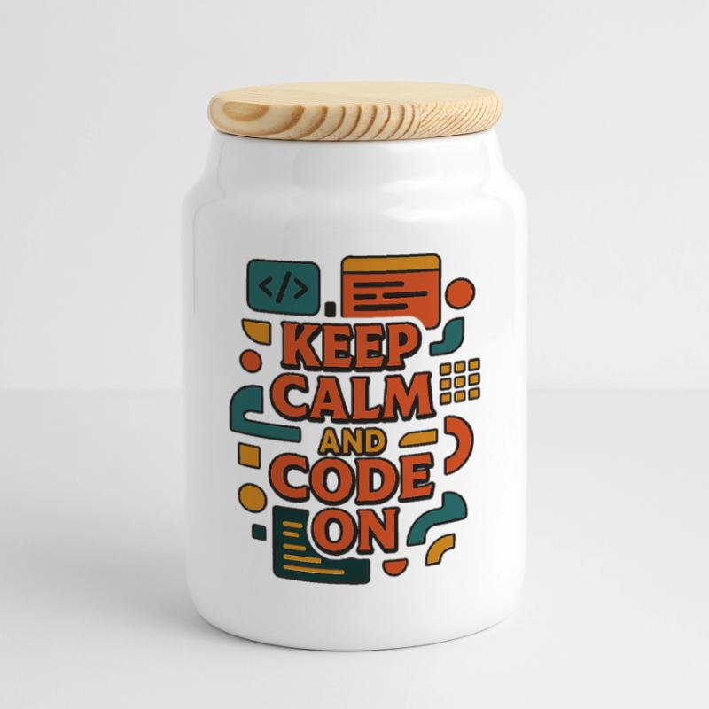 Keep Calm and Code On – Lustiges Coder Shirt Keksdose mit Holzdeckel