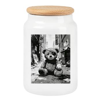 Teddy bear with eye patch near road - Cookie Jar with Wooden Lid - white - Front