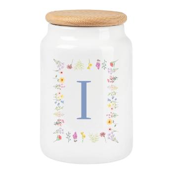 Monogramme floral floral initial en « I » - Boîte à biscuits avec couvercle en bois - blanc - Devant