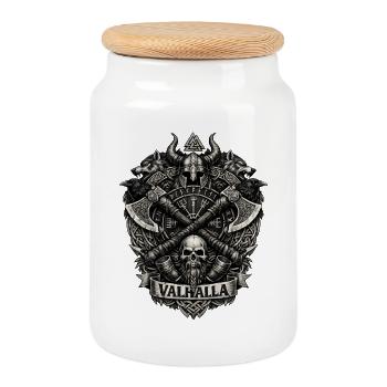 Valhalla Skull Viking Crest - Cookie Jar with Wooden Lid - white - Front