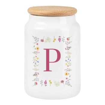 Florale Initialen "P", Buchstaben Monogramm - Keksdose mit Holzdeckel - Weiß - Vorne