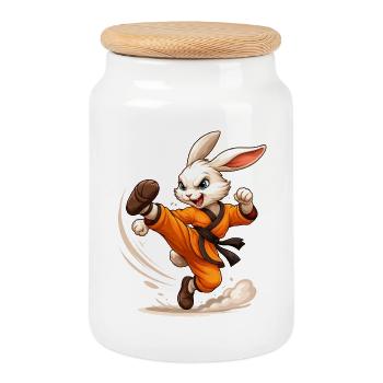 Hase Kung Fu Karate Ninja Fun Design - Keksdose mit Holzdeckel - Weiß - Vorne