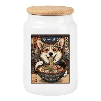 Corgi Ramen Feast in Nippon - Cookie Jar with Wooden Lid - white - Front