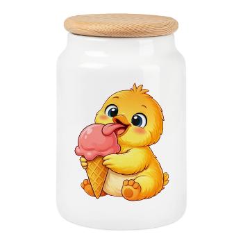 Glace au poulet au poulet Kawaii Glace de caneton - Boîte à biscuits avec couvercle en bois - blanc - Devant