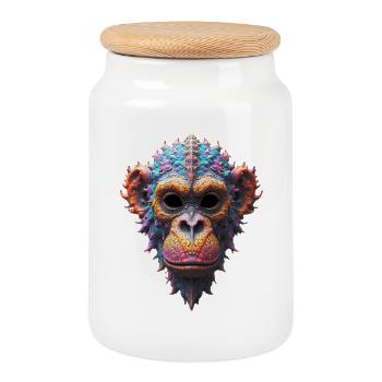 Ornate Chimp Mask - Cookie Jar with Wooden Lid - white - Front