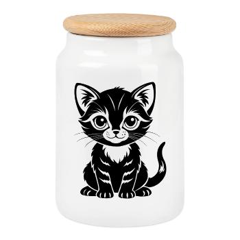 Cute Cat - Cookie Jar with Wooden Lid - white - Front