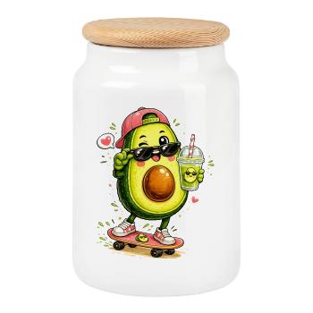 Avocado Skater mit Drink - Keksdose mit Holzdeckel - Weiß - Vorne