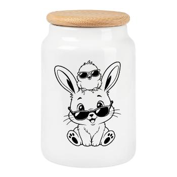 Hase mit Küken und Sonnenbrille - Keksdose mit Holzdeckel - Weiß - Vorne