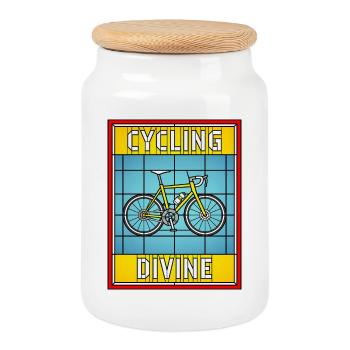 Cycling Divine Stained Glass - Cookie Jar with Wooden Lid - white - Front