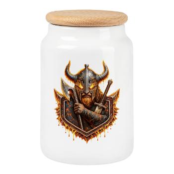 Guerrier de lave viking – Guerrier au casque de feu nordique - Boîte à biscuits avec couvercle en bois - blanc - Devant