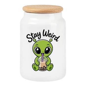 Cute Green Alien Bubble Tea Stay Weird Sticker - Cookie Jar with Wooden Lid - white - Front