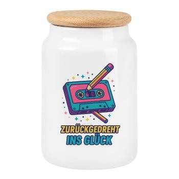 Kassette Neon Retro Druck - Keksdose mit Holzdeckel - Weiß - Vorne