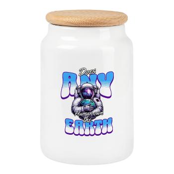 Earth in the hand of the astronaut, space - Cookie Jar with Wooden Lid - white - Front