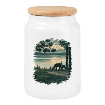 Dusk at Yellowstone Lake Wildlife Scene - Cookie Jar with Wooden Lid - white - Front