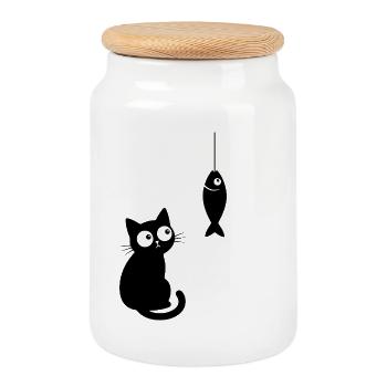 Chat Noir et Poisson Curiosité - Boîte à biscuits avec couvercle en bois - blanc - Devant