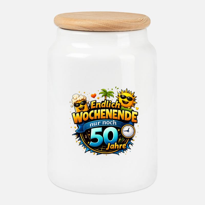 Finally weekend only 50 years left - Cookie Jar with Wooden Lid - white