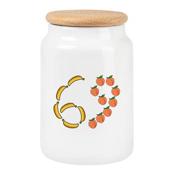 Fruit Motif Bananas and Peaches - Cookie Jar with Wooden Lid - white - Front