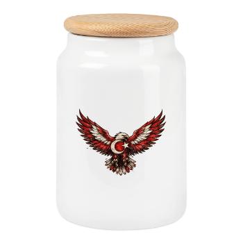 Winged Eagle Crescent Moon Star - Cookie Jar with Wooden Lid - white - Front