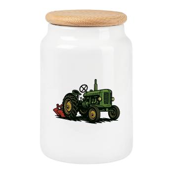 Green tractor in the light of agriculture - Cookie Jar with Wooden Lid - white - Front