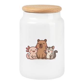 Cute animal family illustration - Cookie Jar with Wooden Lid - white - Front