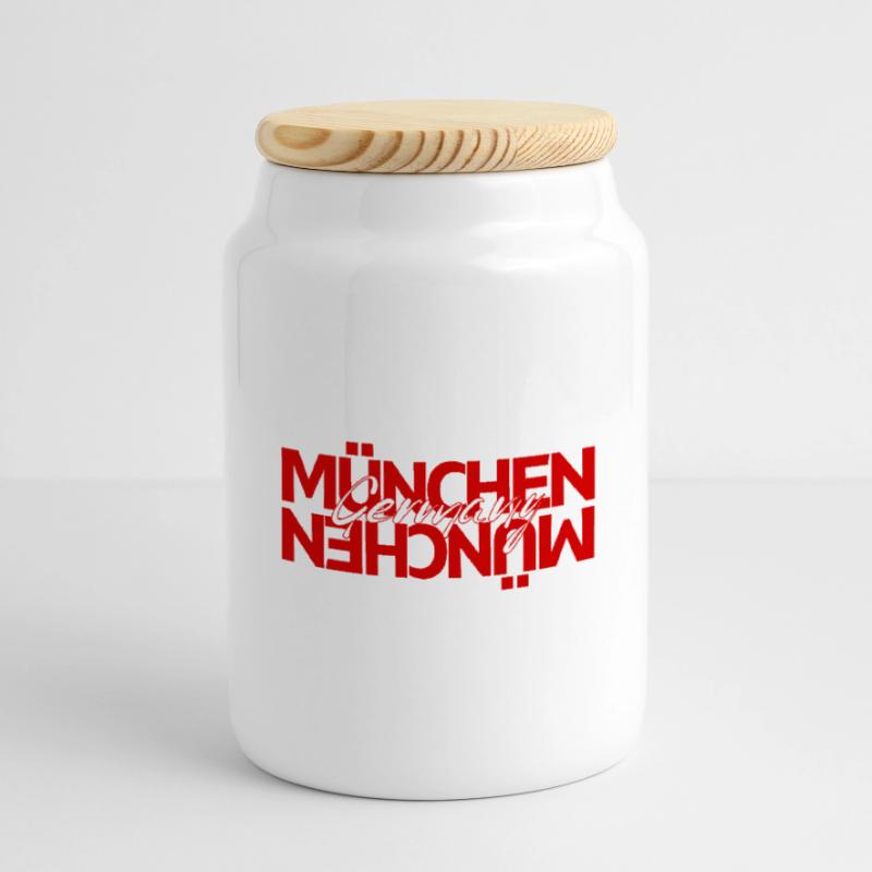 Munich Germany Script Overlay Cookie Jar with Wooden Lid