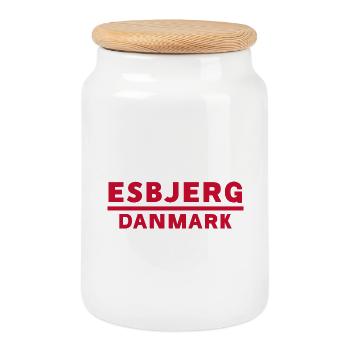 Esbjerg, Denmark - Cookie Jar with Wooden Lid - white - Front