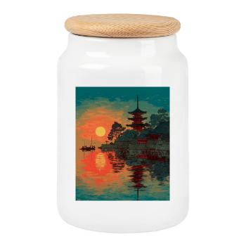 Ruhiger japanischer Sonnenuntergang über dem Wasser - Keksdose mit Holzdeckel - Weiß - Vorne