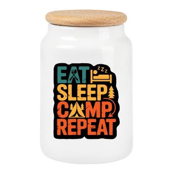 Eat Sleep Camp Repeat – Outdoor Adventure Design - Cookie Jar with Wooden Lid - white - Front