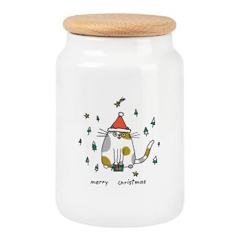 Chat de Noël - Boîte à biscuits avec couvercle en bois - blanc - Devant
