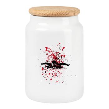 Swimmer and red splashes on black background - Cookie Jar with Wooden Lid - white - Front